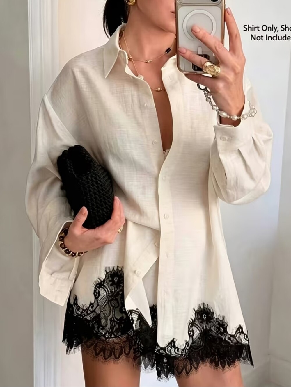 New Women's Casual Solid Color Long Sleeve Lace Trim Single-Breasted Shirt, Sing